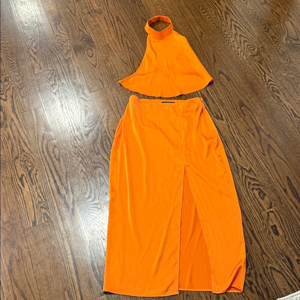 Orange Midi 2 piece outfit (halter top and skirt)